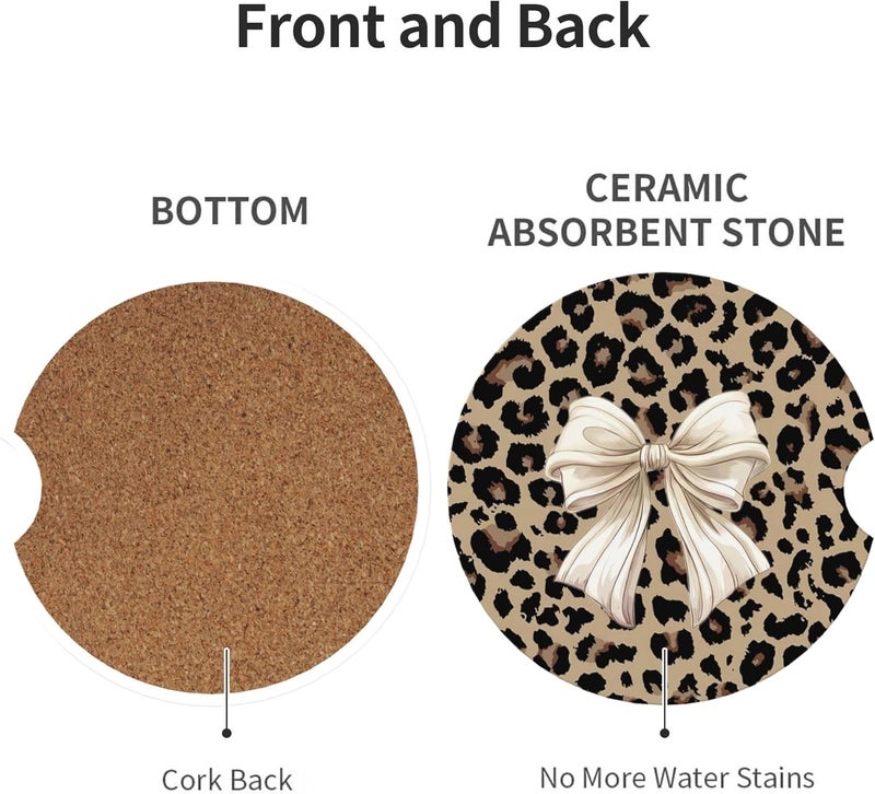 CTVSLFU Absorbent Car Coasters for Cup Holders, 2 Pack Universal Anti Slip Ceramic Cup Coaster for Women Men 2.56 Inch Car Interior Accessories - Bow Tie Brown Leopard 007 - Image 2